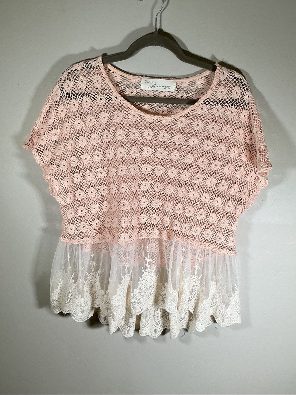 Vintage Havana Blush Pink Crochet Lace Peplum Boho Top Size XL